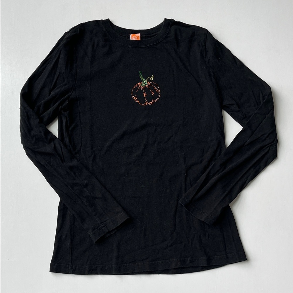 Fall Season Black Long Sleeve Tee with Glitter Pumpkin Design